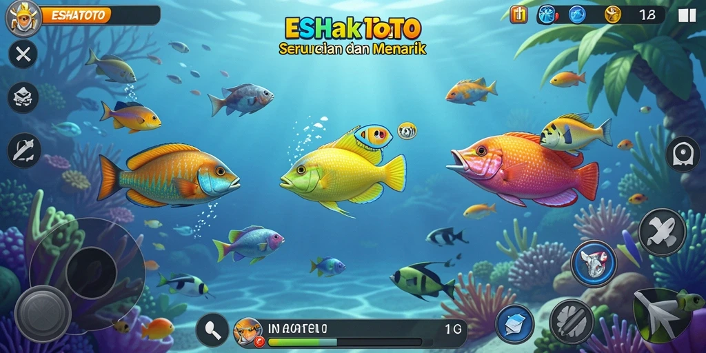 Screenshot utama ESHATOTO menampilkan aksi seru menembak ikan.