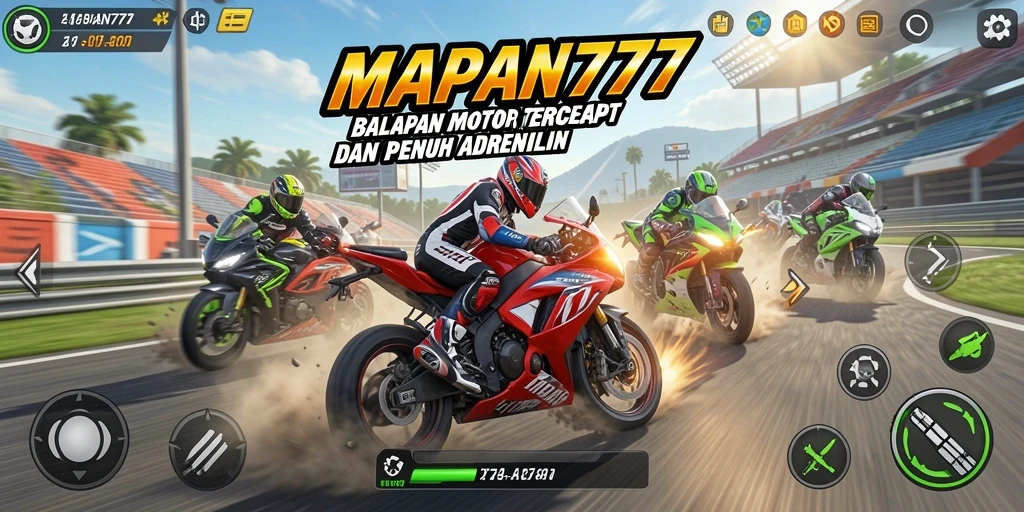 Screenshot gameplay MAPAN777 menampilkan balapan motor yang intens dan dinamis.